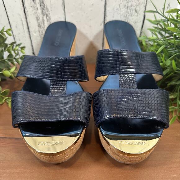 Jimmy Choo Women's Blue Embossed Leather Wedge Sandals Size 41 US 11 - Picture 3 of 10